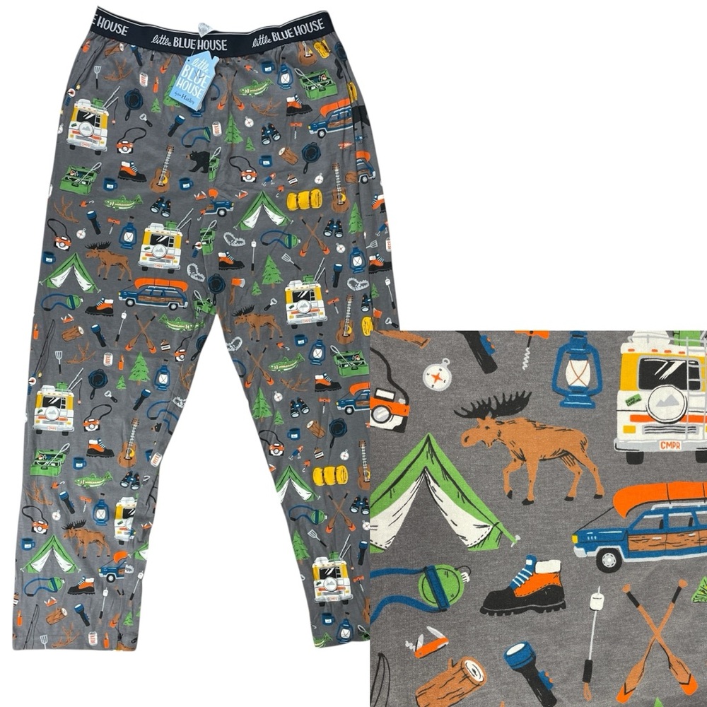 Little Blue House Mens Retro Camping Wilderness Jersey Pajama Pants Size XL NEW